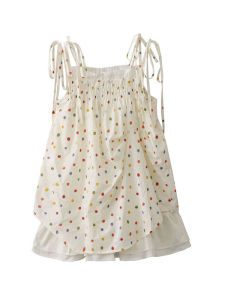 Váy Ngắn Mùa Hè Mới Ngọt Ngào Nhiều Màu in Chấm Bi Thắt Nút Bướm Váy Công Chúa Rộng Rãi Không Tay Cotton Dễ Thương