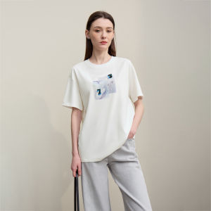 AMII | Round Collar Lyocell Cotton Printed and Embroidered Drop Shoulder Loose T-shirt