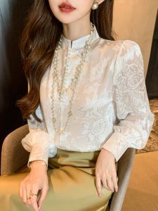 Elegant Chinese Style Long Sleeve Womens Chiffon Shirt Autumn New Fashion Commute Straight Cut Embroidered Lantern Sleeve Top
