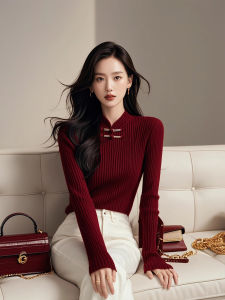 New Chinese Style Red Knitted Sweater Womens Base Layer Inner Wear Button Design Autumn Winter Woolen Long Sleeve round Neck Top