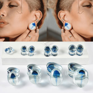 1-2PCS Oval-shaped&Transparent Glass With Blue Jellyfish Ear Tunnel Plugs Ear Weight Expander Strengthed Flared Earring Fashion