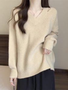 WANGGONGZHU | Loose V-Neck Overhead Sweater Womens Mid-Length Butt Covering Spring Autumn New Style Princess Design Casual Top
