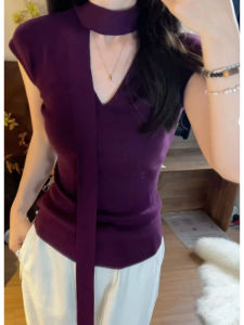 YUEZHONGWEI | Purple V-Neck Racerback T-Shirt with Ribbon