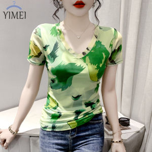 YIGE Fashion Cổ Chữ V Áo Lưới 2023 Cộc Tay Mới Mùa Hè Cổ Tròn Áo Phông In Hình Và Thời Trang Ôm Vừa