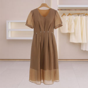 Literary Style V-neck Fitted Short Sleeve Waist-tie Dress