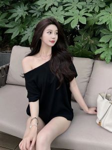 ฤดูร้อน ผู้หญิง เสื้อยืด ลำลอง หลวม แขนค้างคาวถักแขนสั้น เสื้อท่อนบน ไหล่ผูก ดีไซน์ หลากหลาย พรางหุ่น เครื่องแต่งกาย