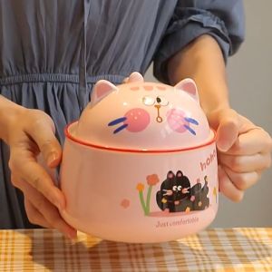 Bát Tô Ăn Mỳ Tôm Hình Mèo Tinh Nghịch Có Nắp Dễ Thương Phong Cách Nhật Bản - Tô Sứ 1020ml Dùng Được Lò Vi Sóng