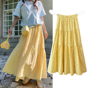 กระโปรงยาวทรงเอสำหรับผู้หญิงตั้งครรภ์ ทรงเค้ก ลายจุด สีเหลือง ทรงหลวม กระโปรงยาวปานกลาง ฤดูร้อน 2024 กระโปรงยาวปานกลาง