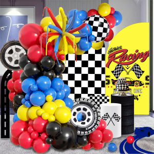 119Pcs Racing-Themed Balloon Arch Set Red Black Yellow and Blue Latex Balloons Paired with Large Tires 18inch Black and White Checkered Foil Balloons Suitable for Birthday Racing Events Bachelor Parties and Other Scene Decorations