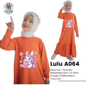 Hirihita Lulu A064 Baju Gamis Lulu Anak Perempuan Sablon Rabit Donuts Kelinci Lucu 12 Warna 1-12 Tahun