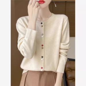 ถักแขนยาว French Gentle คาร์ดิเกน ผู้หญิง เสื้อแจ็คเก็ตสั้นแขนสั้น Lapering เสื้อสเวตเตอร์ ดีไซน์ ทันสมัย มีสไตล์ กระดุมสี เสื้อท่อนบน