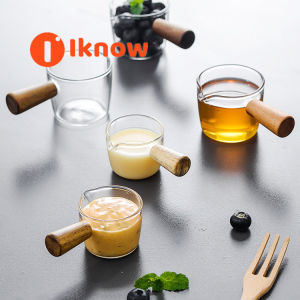 I Know Kitchen Glass Small Milk Jar with Wooden Handle Cup Seasoning Bowl Tiny Liquid Measurements Cups