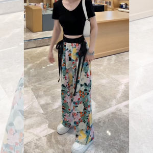 Colorful Graffiti Chiffon Wide Leg Pants Women High Waist Draped Summer Thin Loose Straight Casual Ice Silk Trousers