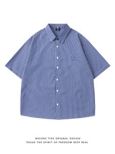 Loose Fit Plaid Shirt Short Sleeve Mens Summer American Retro Blue Check Couples Shirt Youth Trendy Embroidered Casual Wear