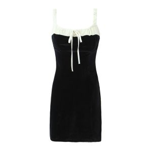 Pure Desire Australian Retro Black Velvet Patchwork Drawstring Square Collar Slim Waist Strapless Dress Polka Dot Print Spring 2024