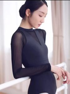 Womens Long Sleeve Ballet Leotard Dance Costume Mesh Splice Adult Gymnastics Swimsuit Elastic Bodysuit for Fitness And Yoga