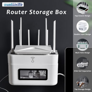 JustLiving 2 Tiers Wall Mounted WiFi Router Storage Box Plastic Wall Hanging Socket Plug Wireless WiFi Router Board Bracket Dust-proof Cable Socket Wire Storage Box