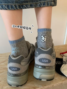 Cute Cartoon Womens Mid-Calf Socks Spring Summer Thin Cotton Breathable Grey Sports Short Socks Comfortable Moisture Wicking