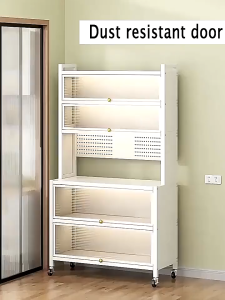 【Daily Suki Store】All-in-One Mobile Kitchen Cabinet Carbon Steel Storage Organizer with Foldable Door Wheels & Pull-Out Shelves Multi-function Microwave Stand & Sideboard