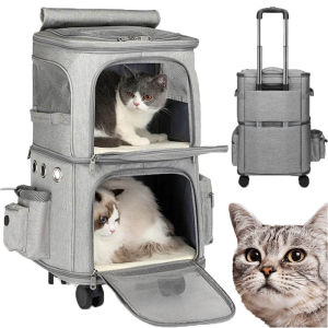 Double-Compartment Cat Bag Outing Portable Pet Trolley Case Breathable Folding Pet Backpack