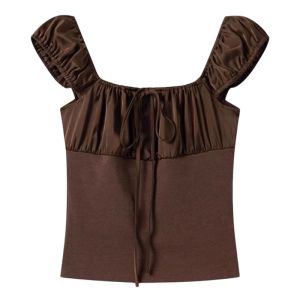 YUEZHONGWEI | Caramel Square Collar Short Sleeve T-Shirt Womens Summer New Style Slimming Design Shoulder Baring Short Length Top