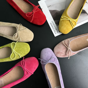 ShinyMuse Dongdaemun New Style Genuine Leather Sheep Suede Ballet Flat Soft Bottom Slip-On Womens Fashion Shoes Butterfly Knot