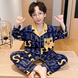 ชุดนอนผ้าฝ้ายแท้สำหรับเด็ก แขนยาวบาง เสื้อคลุมเปิดไหล่ ชุดอยู่บ้าน สำหรับเด็กผู้ชาย ฤดูใบไม้ผลิและฤดูใบไม้ร่วง