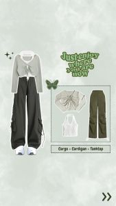 Satu Set Gaya Korea 3in1 | Cardigan Serut Tali Bulat + Tanktop + Celana Cargo | - KA129