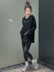 Spring New U-Neck Slit Long Sleeve Black T-Shirt Women Thin Loose Mid-Length Base Shirt Top Simple Style Cotton Comfortable