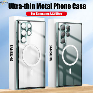 KISSCASE For Samsung S24Ultra Luxury Metal Magnetic Magsafe Camera Frame Metal Bumper Matte Half Clear Protection Cover For Galaxy S24 S23 S22 Ultra S21 Plus 5G Case Clear Shockproof Phone Back Cover Case