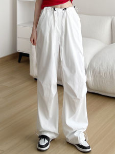 กางเกงทำงานสีขาว ทรงตรง สำหรับผู้หญิง กางเกงเต้นแจ๊สสไตล์อเมริกัน ทรงบาง ฤดูร้อน 2024 กางเกงทรงร่มสำหรับผู้หญิงไซส์เล็ก