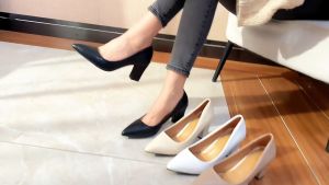 Korean Black Leather 3 Inches High Pointed Office Work Heels with Block For Women(With Box)