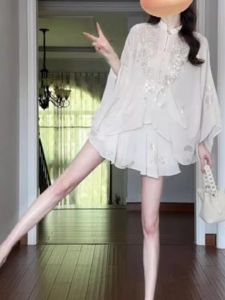 Artistic Retro Chinese Style Button up Shirt Sleeveless Top Half Skirt Two Piece Set Summer Fashion Womens Clothing