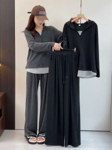plus Size Autumn 2024 Casual Slimming Clothes Set Wide Leg Pants Hoodie Two Piece Set Concealing Comfortable Fashion for Women