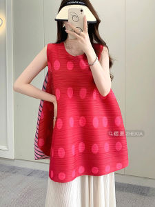 Loose plus Size Sleeveless Womens T-Shirt Summer New Design Pleated Striped Vest Thin Polyester round Neck Mid-Length Top