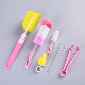 7 Pcs/Set Sponge Plastic Bottle Pacifier Brush Multifunctional Baby Bottle Brush Scrubbing Cup Glass Sponge Cleaning Brush Set For Feeding Bottles Long Handle Clean Sponge Plastic Bottle/Nipple/Straw Cleaning Brush Set (Blue/Pink)