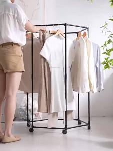 Rotating Clothes Rack With Wheels 360° Rotating Towel Hanging Rack Thickened Metal Circular Clothes Hanger Heavy Duty Movable Clothing Organizer Racks Indoor Hanger For Bedroom Balcony Laundry Room