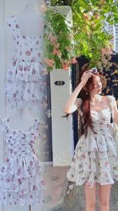 TW22075  เดรสสั้นย่นอก กระโปรงระบาย4 ชั้น ..