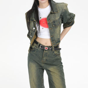 Retro เอวสูงกางเกงยีนส์กระโปรงชุดสองชิ้นสําหรับผู้หญิงฤดูใบไม้ร่วง DENIM ผ้าฝ้ายยืด Limited Edition เสื้อกันหนาวเสื้อกั๊ก