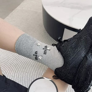 European Goods Fall and Winter Shiny Silk Stockings Mouth Patchwork Exquisite Rhinestone Tube Socks Female Ins Accessible Luxury Fancy Letter Ornament Socks