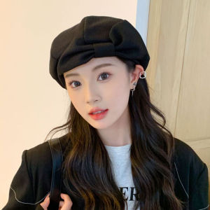 Sweet Cute Womens Beret Hat with Bow Tie Versatile Autumn Winter Korean Style No Brim Travel Suitable Dyeable Beanie Cap