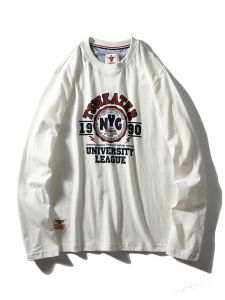 เสื้อยืดคอกลมแขนยาวผ้าฝ้ายแท้ ทรงหลวม สไตล์ลำลอง สำหรับผู้ชาย เสื้อยืดคอกลมแขนยาวพิมพ์ลายแฟชั่นฤดูใบไม้ผลิและฤดูใบไม้ร่วง