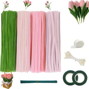 583Pcs Pink Pipe Cleaners CraftChenille Stems for DIY Flower Making Kit with Floral Wires Gardening TapeStamen& Ribbon