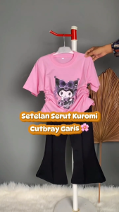 Setelan Kaos Serut Crop Top dan Cutbray Garis Anak Perempuan Kuromi Umur 1-14 tahun