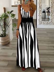 Đầm Dây Sọc Ngựa Vằn Thanh Lịch Đen Trắng Phong Cách Giản Dị Dài Đến Mắt Cá Chân Polyester Bốn Mùa Thời Trang Nữ