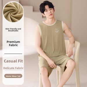 miiow | Mens Summer Thin Cool Feeling Ice Silk Sleepwear Set Home Clothes Vest Short Sleeve Round Neck Print Casual Lightweight Set