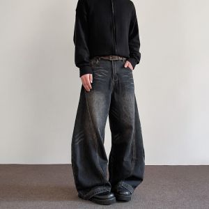 Retro American Style Men Women Straight Leg Jeans Faded Knife Edge Splicing Wide Leg CleanFit Deconstructed Pants Casual Wear