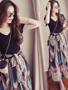 ชุดเดรสยาวผ้าชีฟองแขนสั้นคอวีเอวสูงลายดอกไม้สำหรับผู้หญิงช่วงฤดูร้อน ชุดเดรสยาวคลุมเข่าสไตล์ฮาวายสำหรับไปงานปาร์ตี้ชายหาด