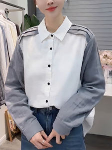 QINGNAER | Hong Kong Style Commuter Slimming Color Block Ruffled Collar Shirt