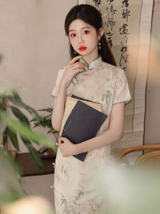 New Chinese Style Young Girl Cheongsam Elegant Beautiful Small Size Dress Daily Wear Short Sleeve High Slit Breathable Fabric
